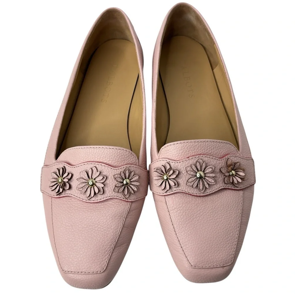Talbots Pink Leather Loafers Ballet Flats Floral Vamp Strap 8.5 WIDE Preppy